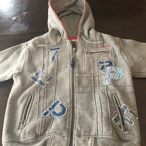 Gray hoodie jacket with jeans accents